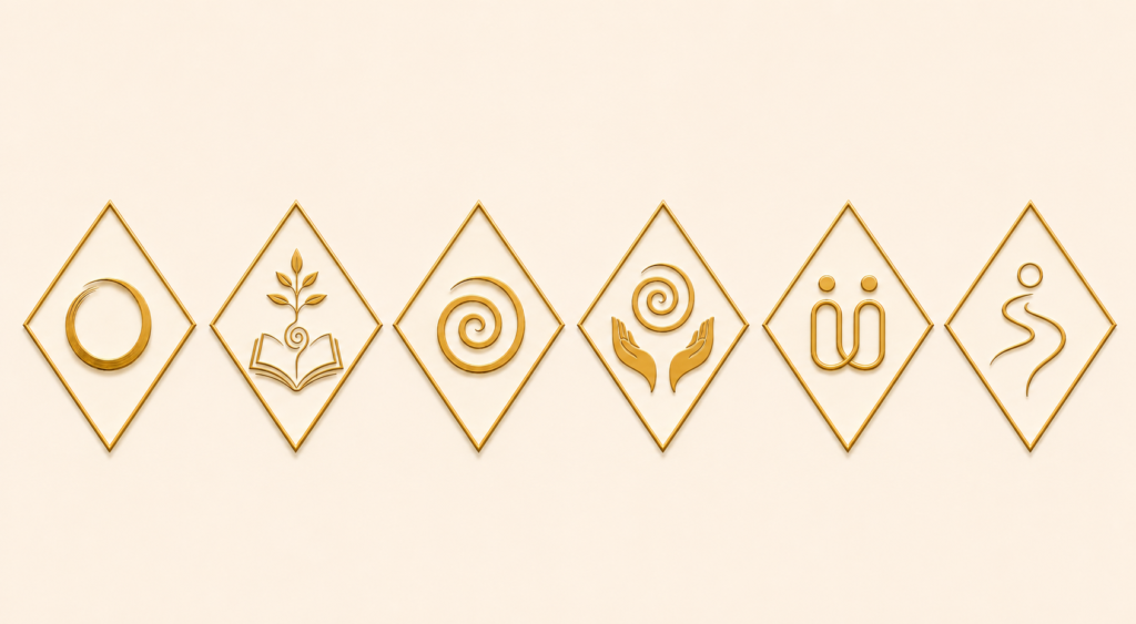 Emblemas de las formas de acompañamiento de Unalome Inner Balance: Círculos de Conciencia, Talleres, Reiki, Sesiones Individuales, Experiencias y Camino de crecimiento.